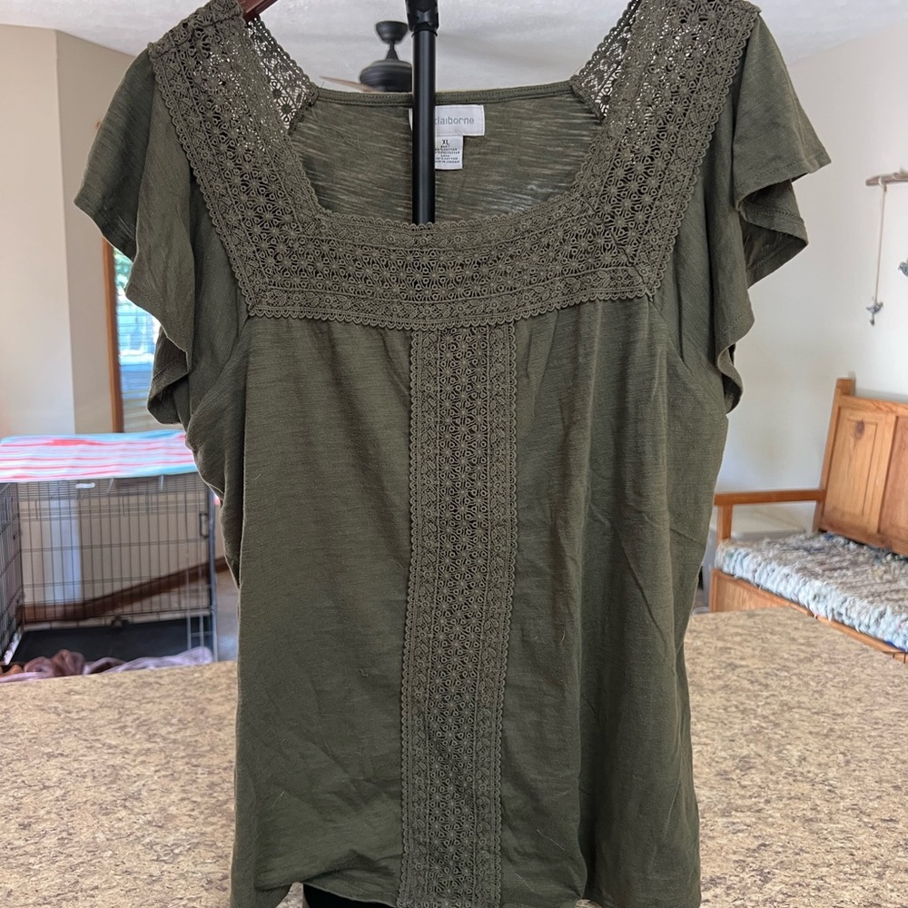 Liz Claiborne Olive lace Crochet-Trim Square Neck Flutter Sleeve Top